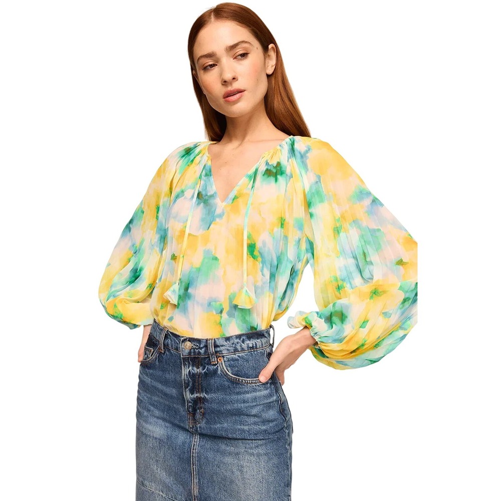 Misa Rina Top Citron Water Color V Neck Long Sleeve Tassel Pleated Top Sz L NWT